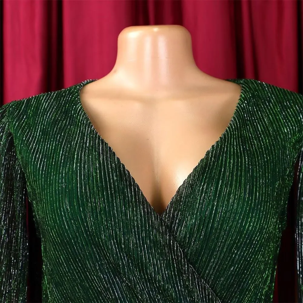 Women's Elegant Cloak Long Sleeve Sexy V Neck Sequin Sparkly Back Zipper Bodycon Midi Cocktail Dress with Belt