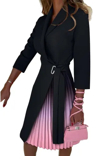 Women's Long Sleeve Trench Coat with Bow Tie for Business Casual Workwear Dresses