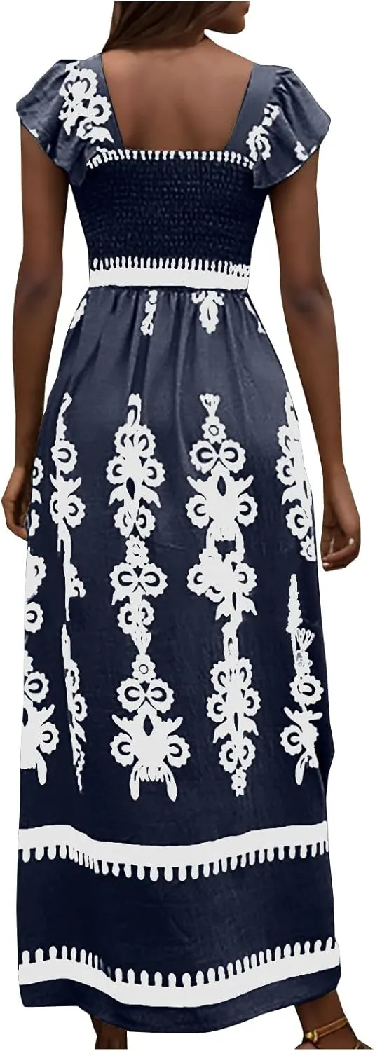 Women's Retro Floral Dress Fashion Ruffle Sleeve Smocked Long Dress 2025 Summer Beach Vacation Flowy Maxi Dresses