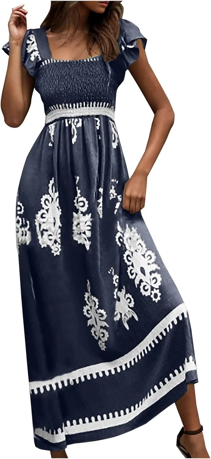 Women's Retro Floral Dress Fashion Ruffle Sleeve Smocked Long Dress 2025 Summer Beach Vacation Flowy Maxi Dresses