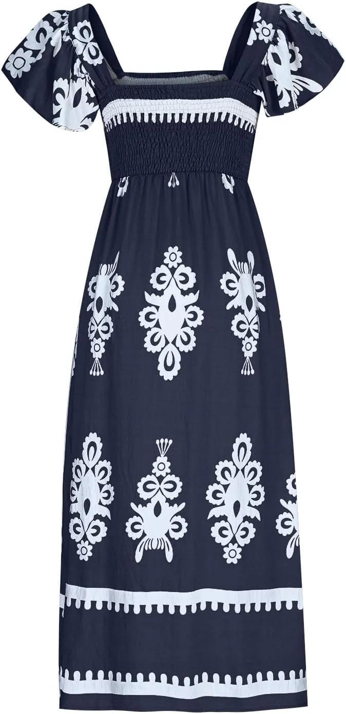 Women's Retro Floral Dress Fashion Ruffle Sleeve Smocked Long Dress 2025 Summer Beach Vacation Flowy Maxi Dresses
