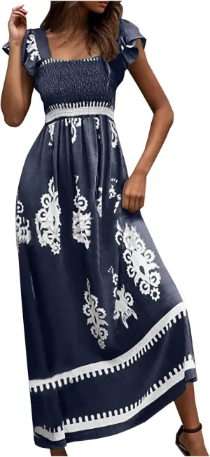 Women's Retro Floral Dress Fashion Ruffle Sleeve Smocked Long Dress 2025 Summer Beach Vacation Flowy Maxi Dresses