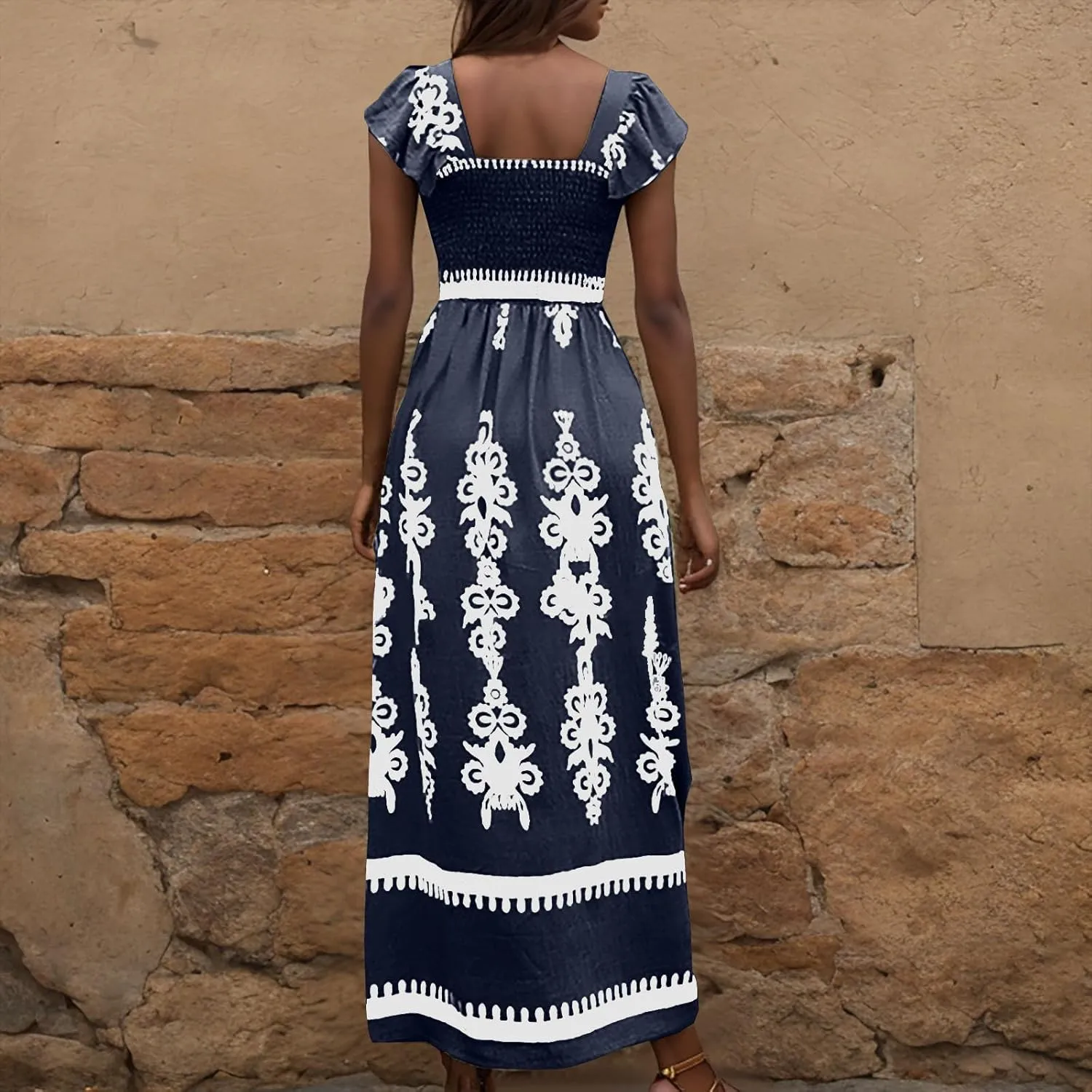 Women's Retro Floral Dress Fashion Ruffle Sleeve Smocked Long Dress 2025 Summer Beach Vacation Flowy Maxi Dresses