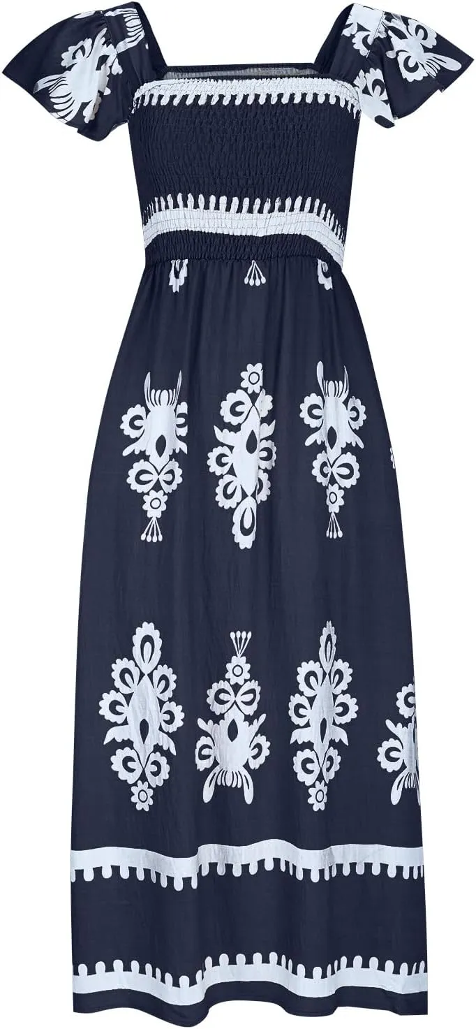 Women's Retro Floral Dress Fashion Ruffle Sleeve Smocked Long Dress 2025 Summer Beach Vacation Flowy Maxi Dresses