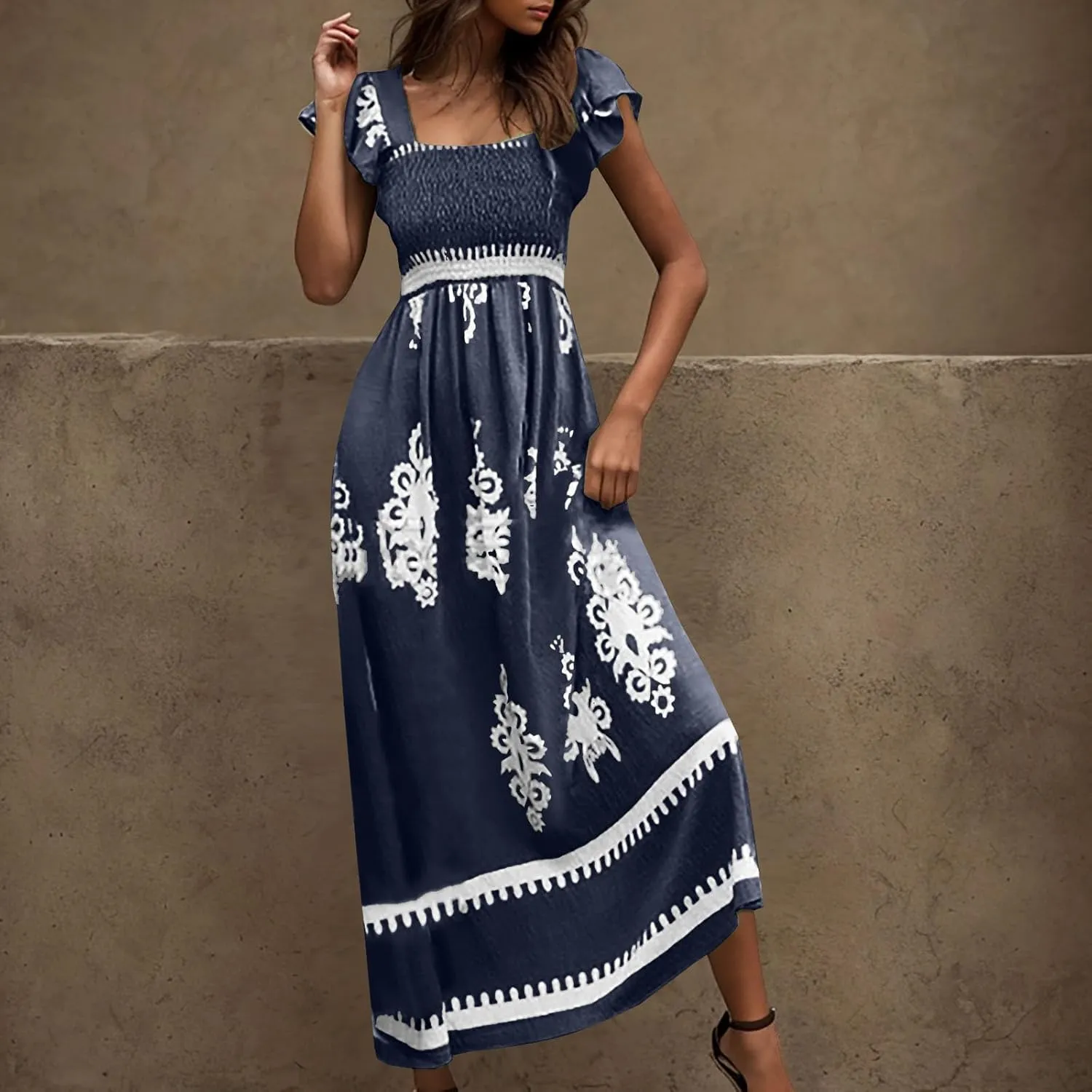 Women's Retro Floral Dress Fashion Ruffle Sleeve Smocked Long Dress 2025 Summer Beach Vacation Flowy Maxi Dresses