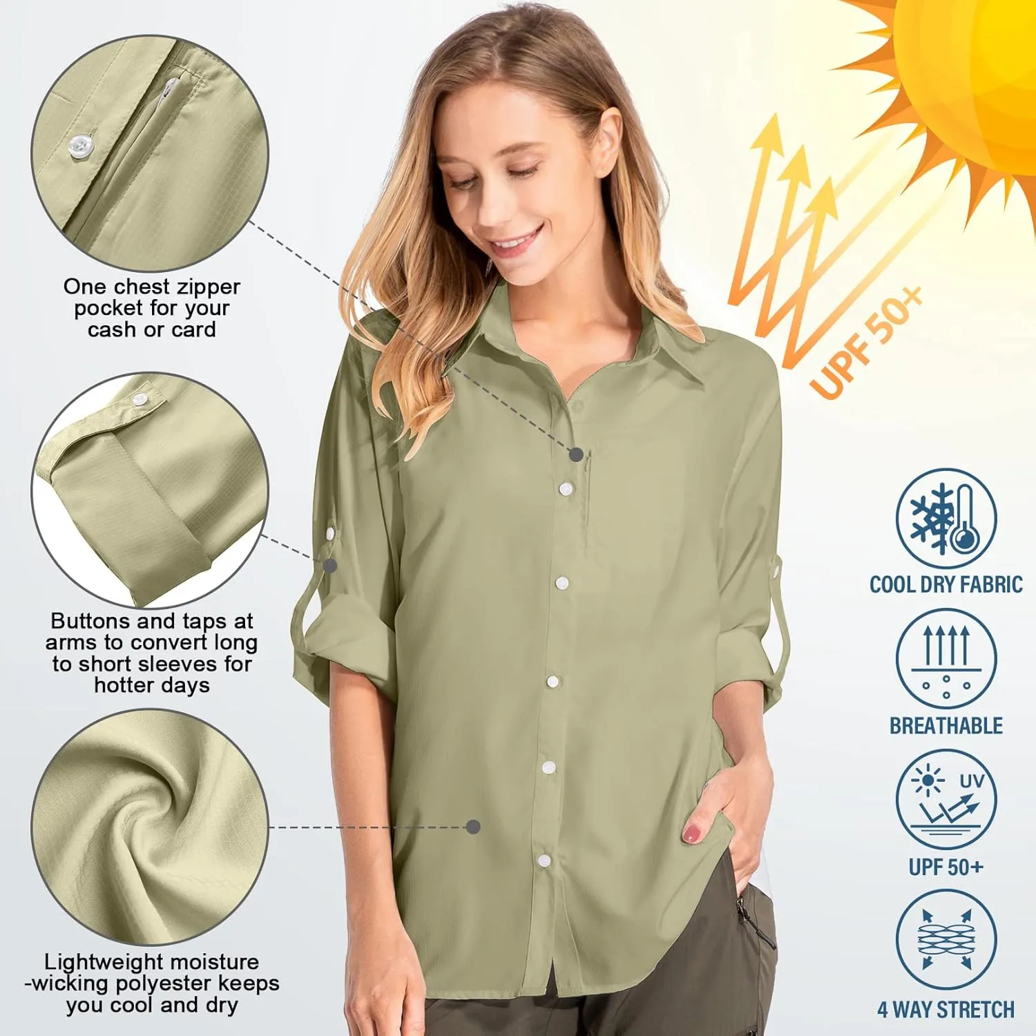 Women's Safari Shirts UPF 50 Long Sleeve,Sun Protection Quick Dry Outdoor Fishing Hiking gardening sun Shirt