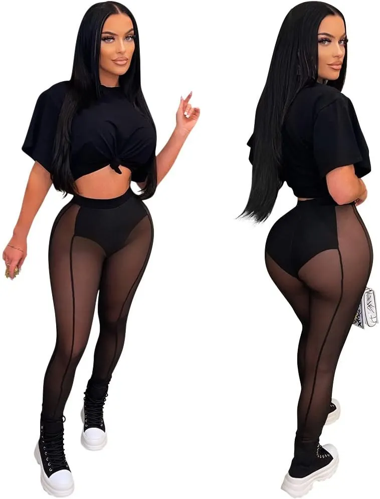 Women's Sexy See Through Sheer Mesh Pants Leggings High Waist Casual Sweatpants Tights