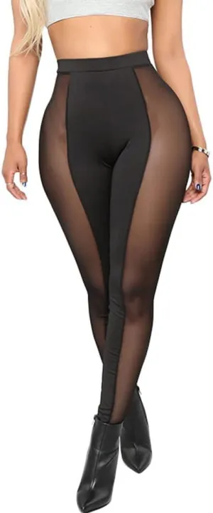 Women's Sexy See Through Sheer Mesh Pants Leggings High Waist Casual Sweatpants Tights