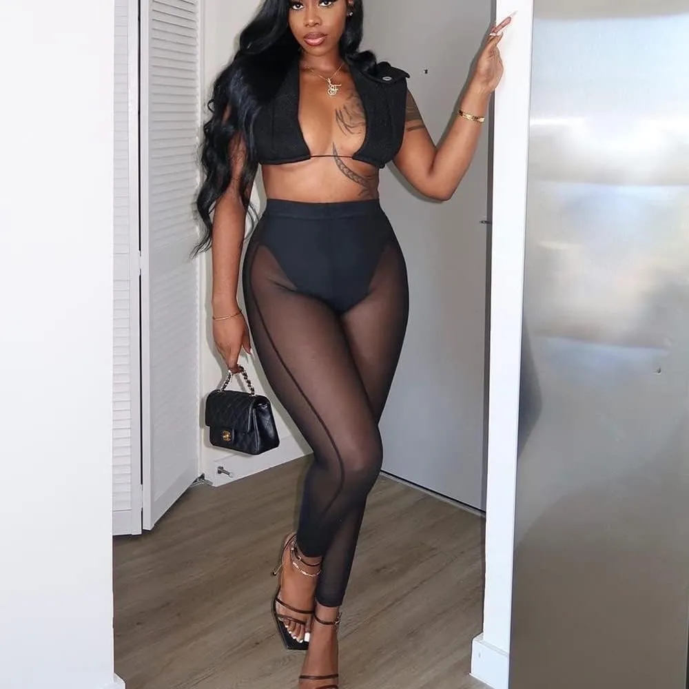 Women's Sexy See Through Sheer Mesh Pants Leggings High Waist Casual Sweatpants Tights