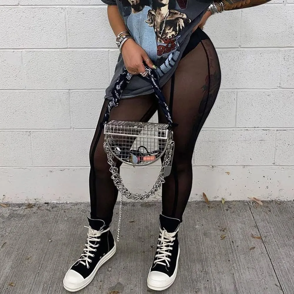 Women's Sexy See Through Sheer Mesh Pants Leggings High Waist Casual Sweatpants Tights