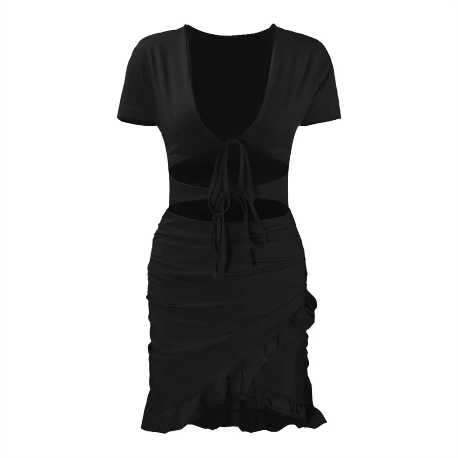 Women's Sexy Tie Up Ruched Mini Dress Bag Hip Slim Fit Layered Ruffle Hem Holow Out Front Y2k Going Out Summer Dress