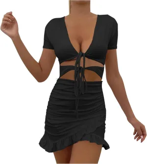 Women's Sexy Tie Up Ruched Mini Dress Bag Hip Slim Fit Layered Ruffle Hem Holow Out Front Y2k Going Out Summer Dress