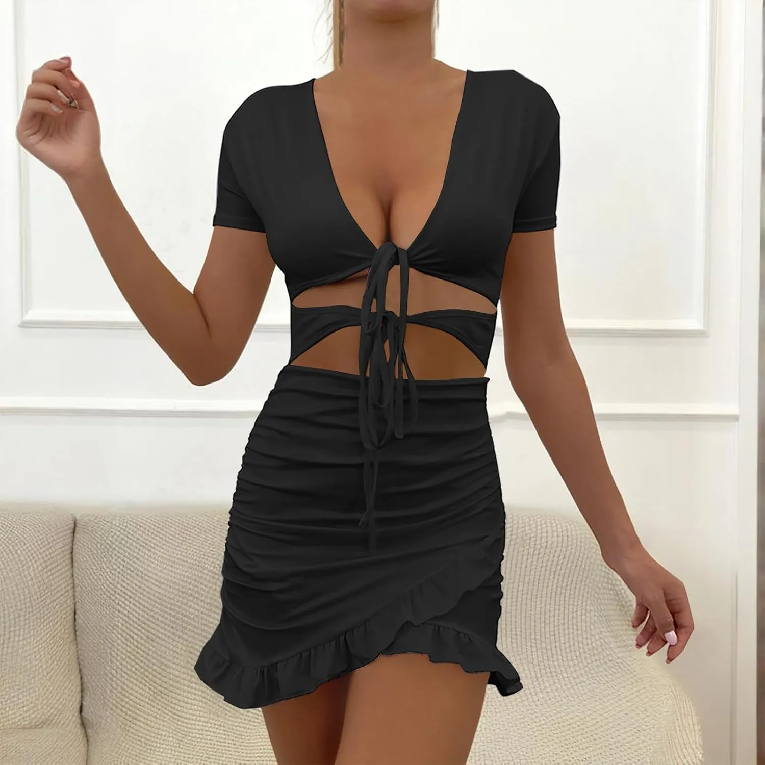 Women's Sexy Tie Up Ruched Mini Dress Bag Hip Slim Fit Layered Ruffle Hem Holow Out Front Y2k Going Out Summer Dress