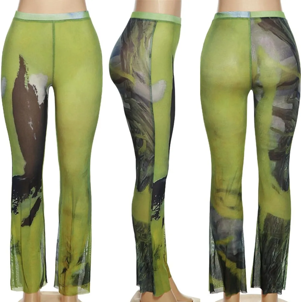 Women's Sheer Mesh Tie Dye Print Long Pants Fashion Mid Waist Micro Flared Trousers for Party Rave Club Streetwear