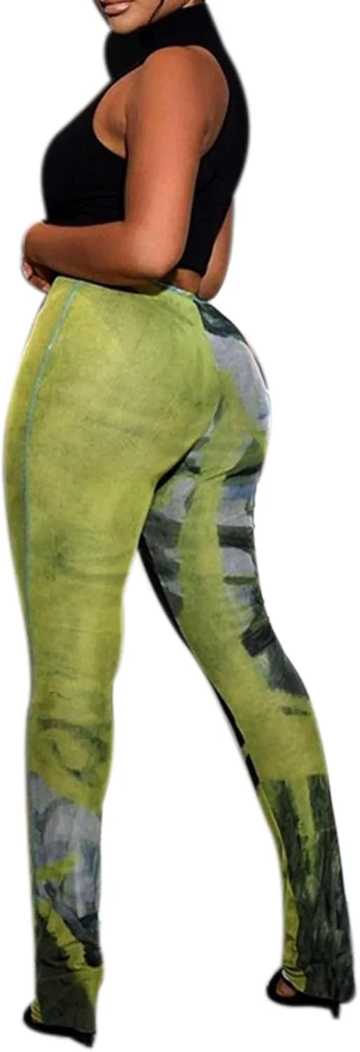 Women's Sheer Mesh Tie Dye Print Long Pants Fashion Mid Waist Micro Flared Trousers for Party Rave Club Streetwear