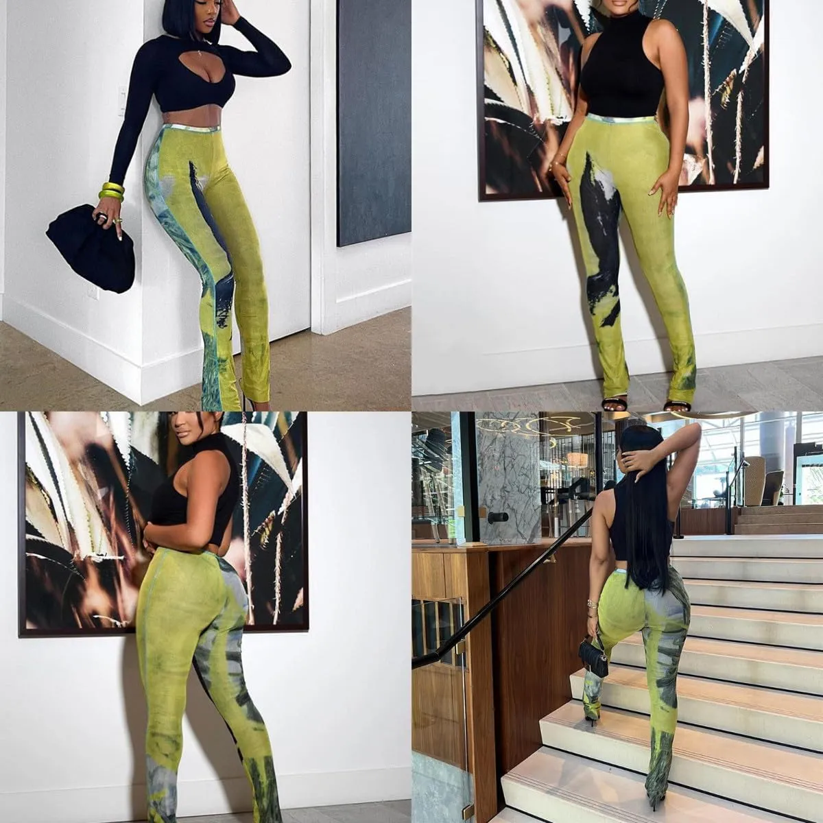 Women's Sheer Mesh Tie Dye Print Long Pants Fashion Mid Waist Micro Flared Trousers for Party Rave Club Streetwear