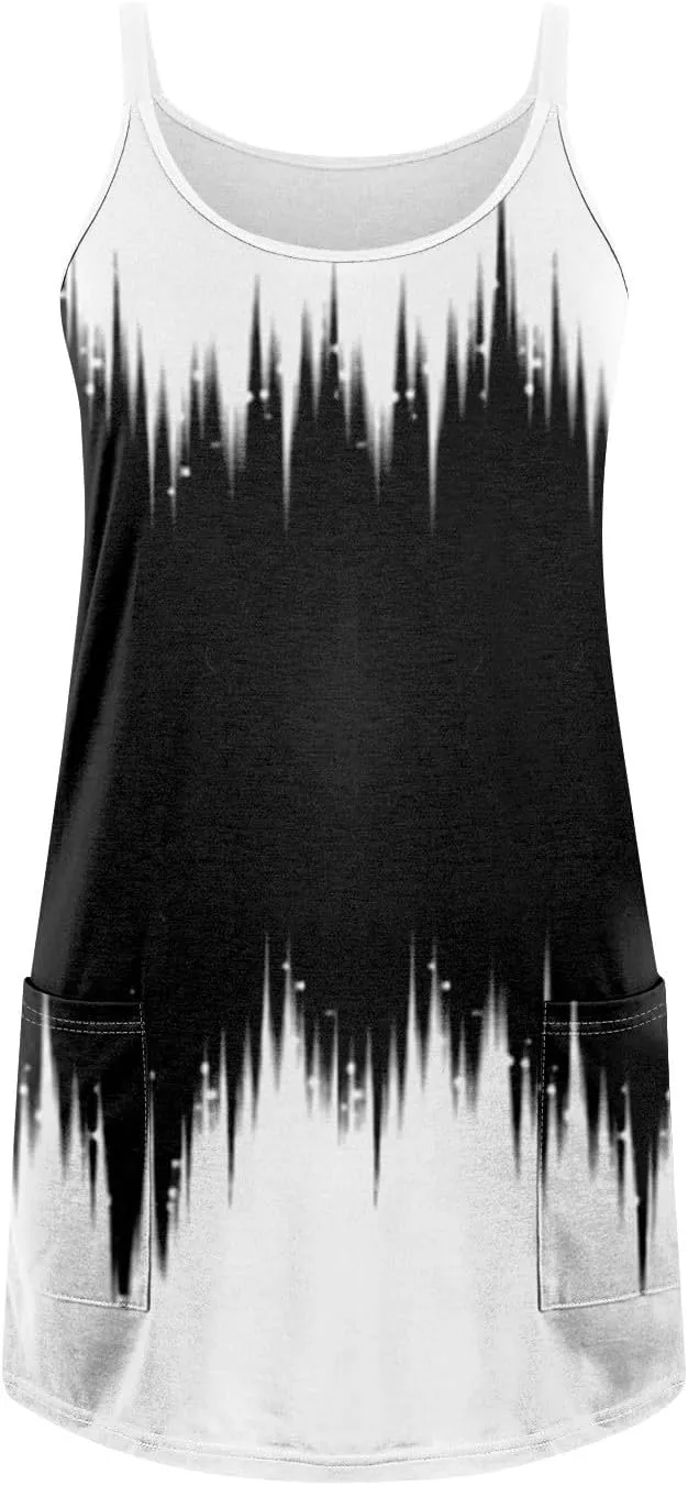 Women's Spaghetti Strap Dress Summer Color Block Print Sleeveless Sundress Casual Vacation Beach Dresses with Pockets