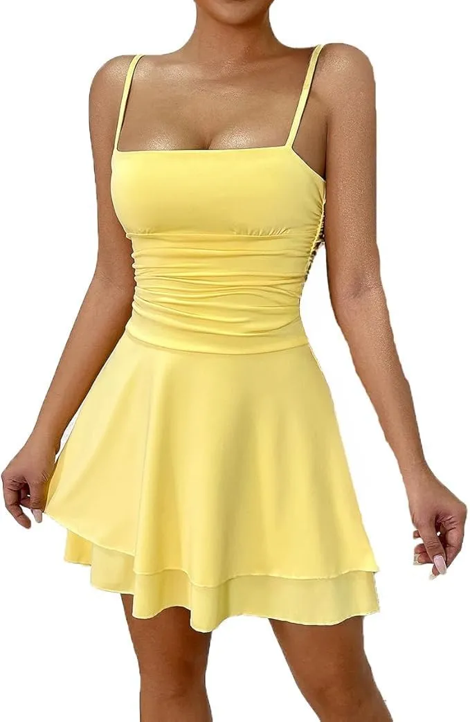 Women's Spaghetti Strap Maxi Dresses Square Neck Ruched Layered Flowy Dress Casual Ruffle Hem A-Line Mini Dress