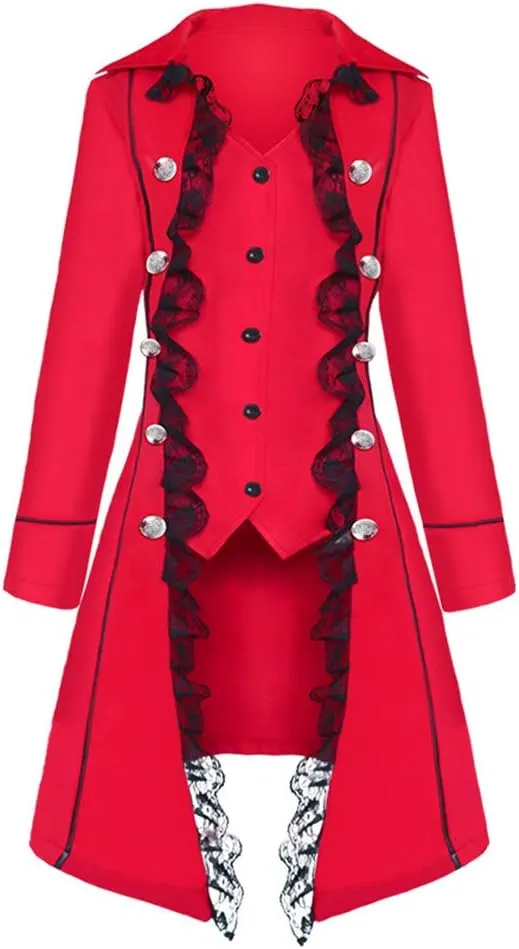 Women's Steampunk Trench Coats with Lace Trim Long Sleeve Vampire Cosplay Lapel Long Winter Jacket Halloween Costume