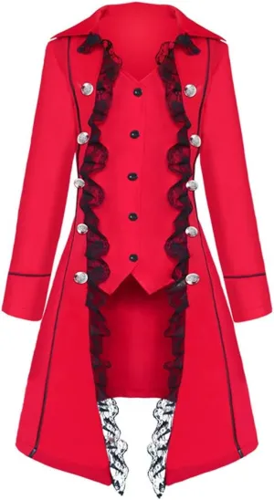 Women's Steampunk Trench Coats with Lace Trim Long Sleeve Vampire Cosplay Lapel Long Winter Jacket Halloween Costume