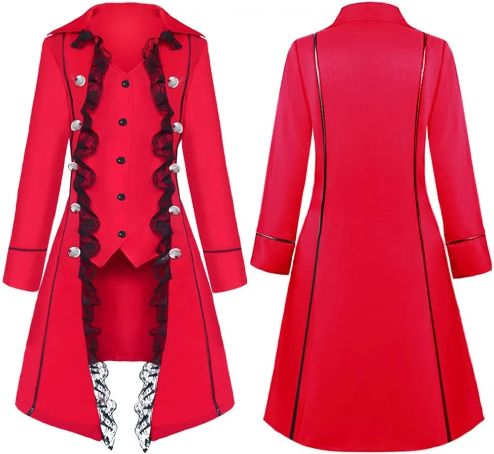 Women's Steampunk Trench Coats with Lace Trim Long Sleeve Vampire Cosplay Lapel Long Winter Jacket Halloween Costume
