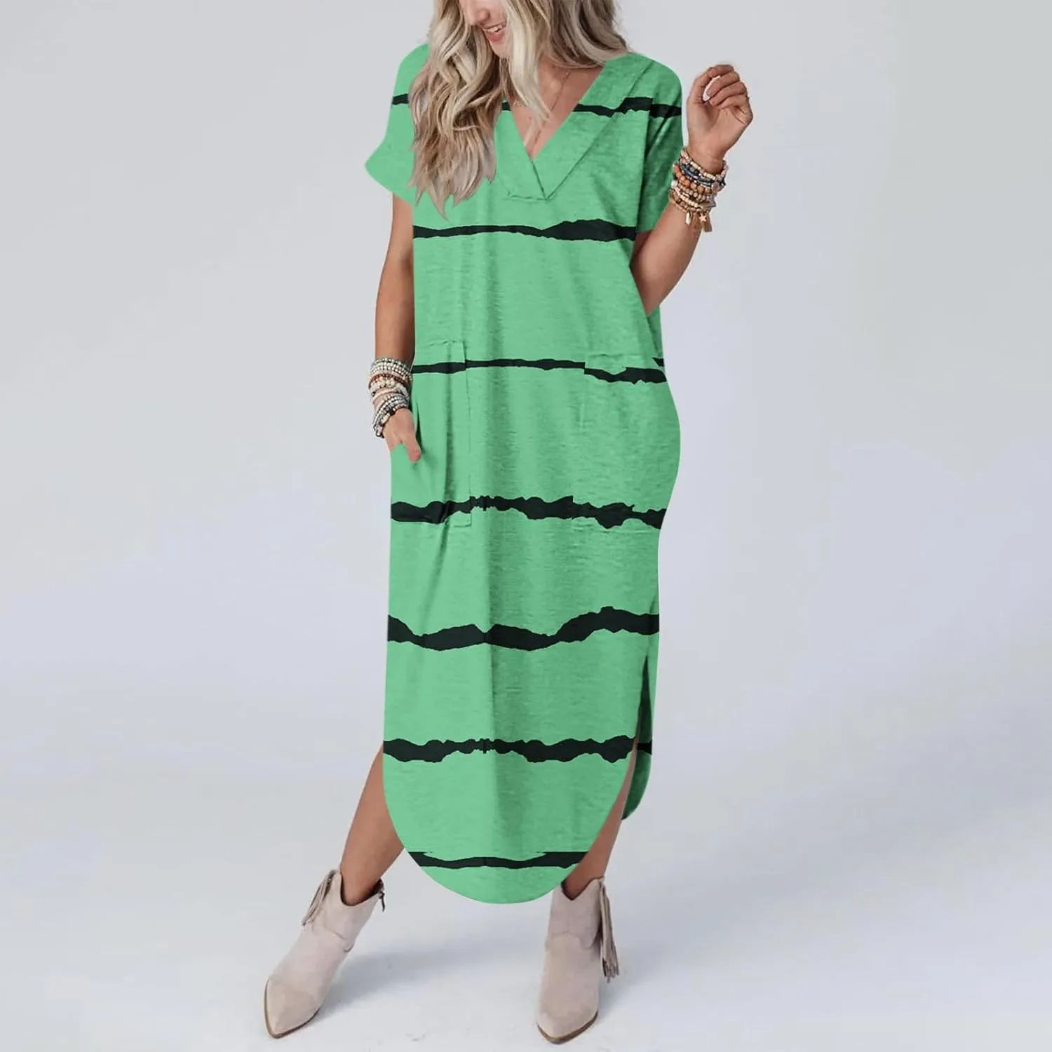 Women's Summer Casual Loose Dress Short Sleeve V-Neck Dress Split Maxi Beach Sundress Travel Vacation Outfits