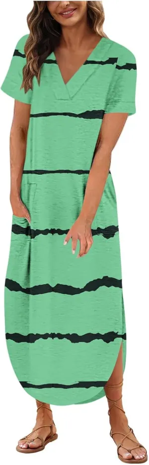 Women's Summer Casual Loose Dress Short Sleeve V-Neck Dress Split Maxi Beach Sundress Travel Vacation Outfits