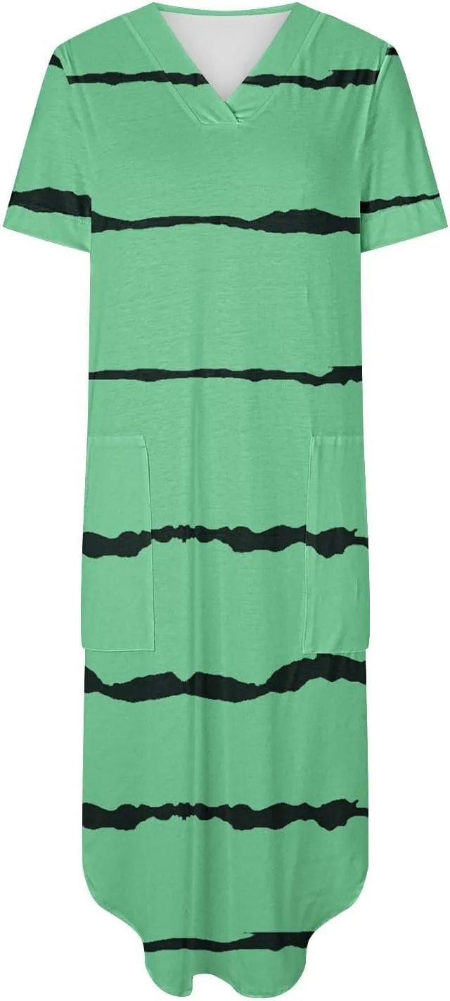 Women's Summer Casual Loose Dress Short Sleeve V-Neck Dress Split Maxi Beach Sundress Travel Vacation Outfits