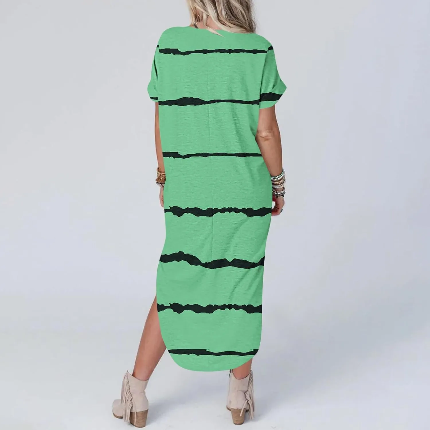 Women's Summer Casual Loose Dress Short Sleeve V-Neck Dress Split Maxi Beach Sundress Travel Vacation Outfits