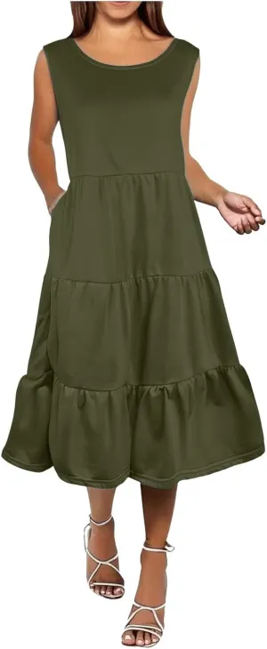Women's Summer Sleeveless Maxi Sundress Swing Casual Flowy Tiered Shirts Dress Beach Travel Vacation Outfits