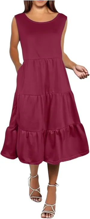 Women's Summer Sleeveless Maxi Sundress Swing Casual Flowy Tiered Shirts Dress Beach Travel Vacation Outfits