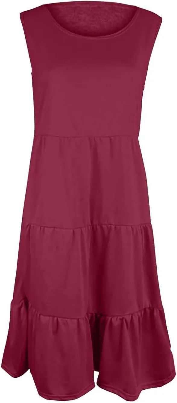 Women's Summer Sleeveless Maxi Sundress Swing Casual Flowy Tiered Shirts Dress Beach Travel Vacation Outfits
