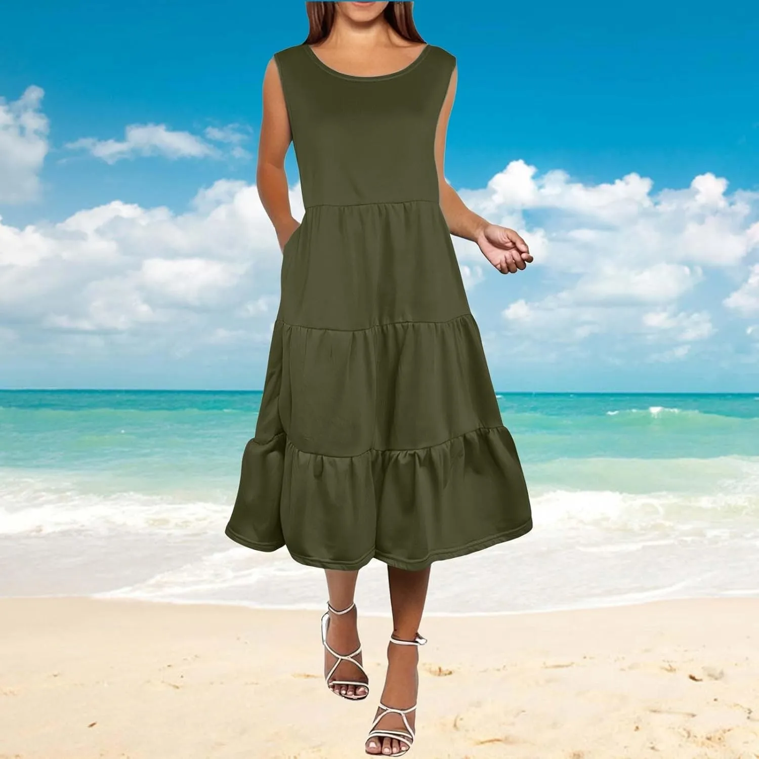 Women's Summer Sleeveless Maxi Sundress Swing Casual Flowy Tiered Shirts Dress Beach Travel Vacation Outfits