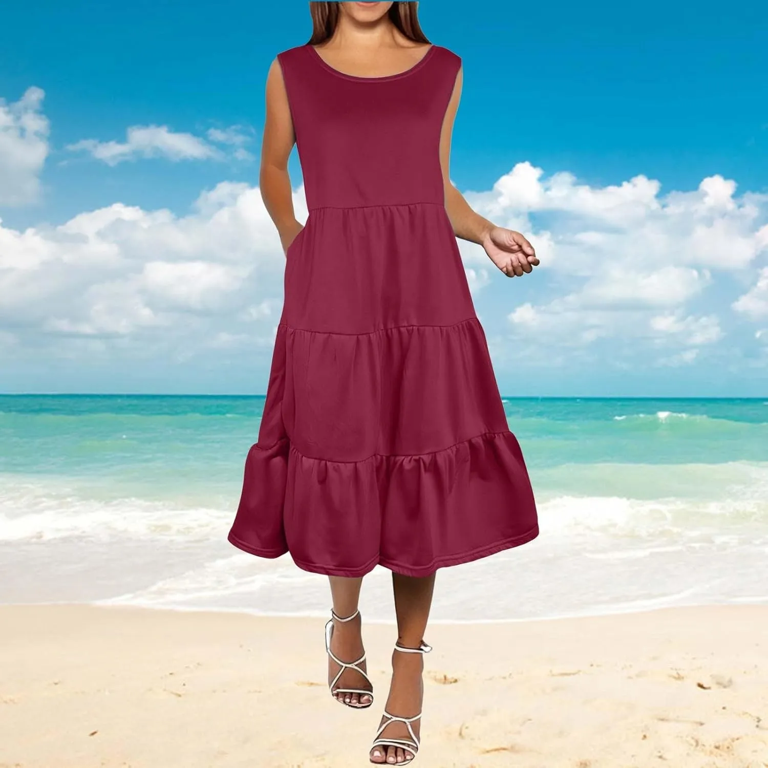 Women's Summer Sleeveless Maxi Sundress Swing Casual Flowy Tiered Shirts Dress Beach Travel Vacation Outfits