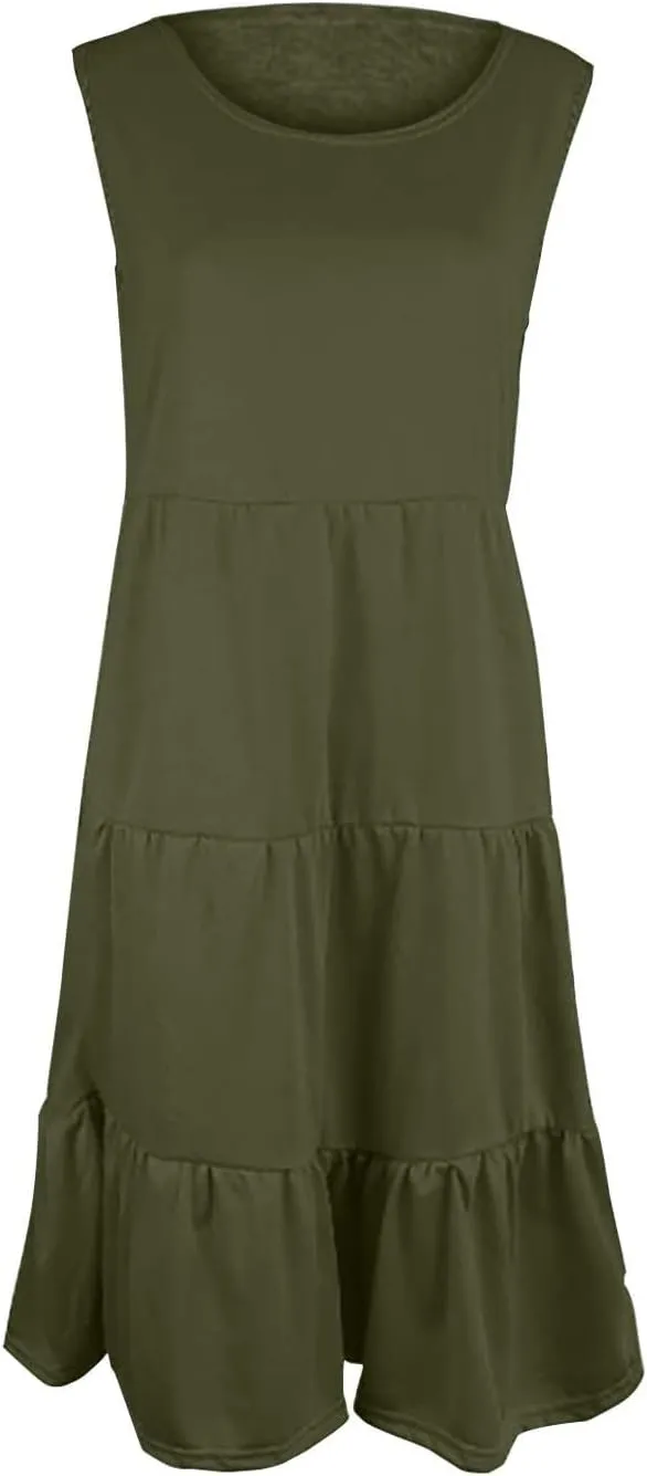 Women's Summer Sleeveless Maxi Sundress Swing Casual Flowy Tiered Shirts Dress Beach Travel Vacation Outfits