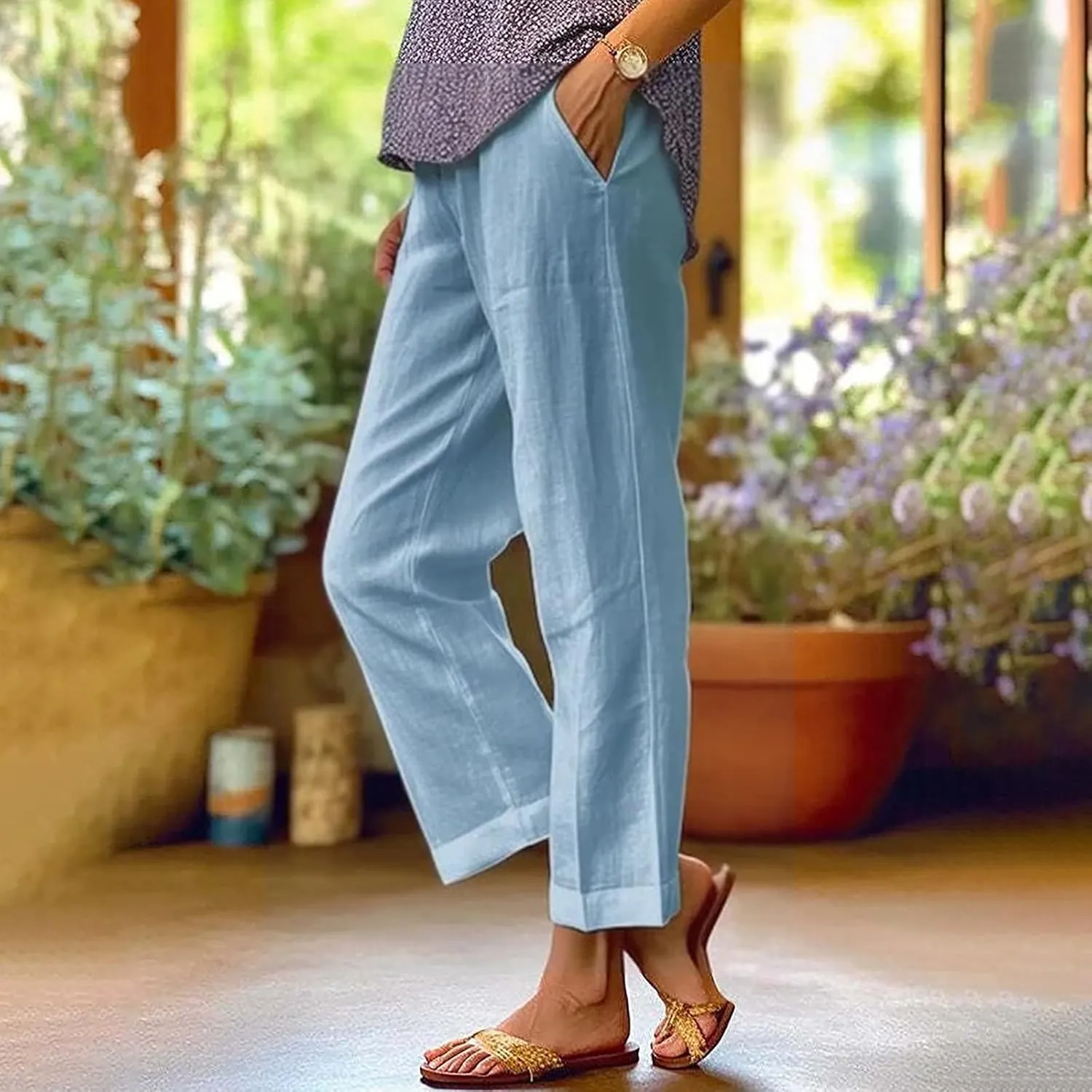 Workout Sets for Women Elastic Pants Long Drawstring Linen Women Waist Cotton Casual Slit Trouser Legs Pants Flowy Wide