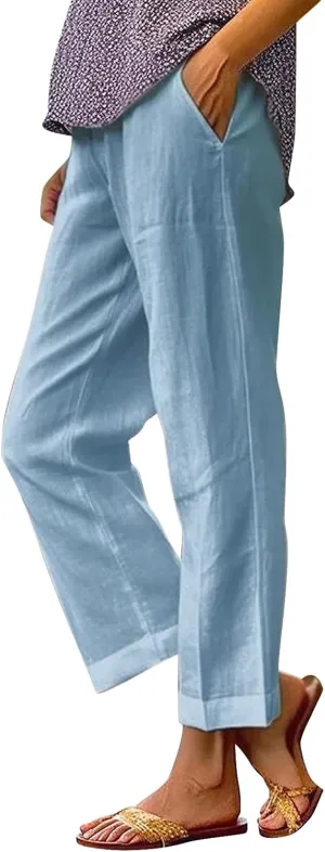 Workout Sets for Women Elastic Pants Long Drawstring Linen Women Waist Cotton Casual Slit Trouser Legs Pants Flowy Wide