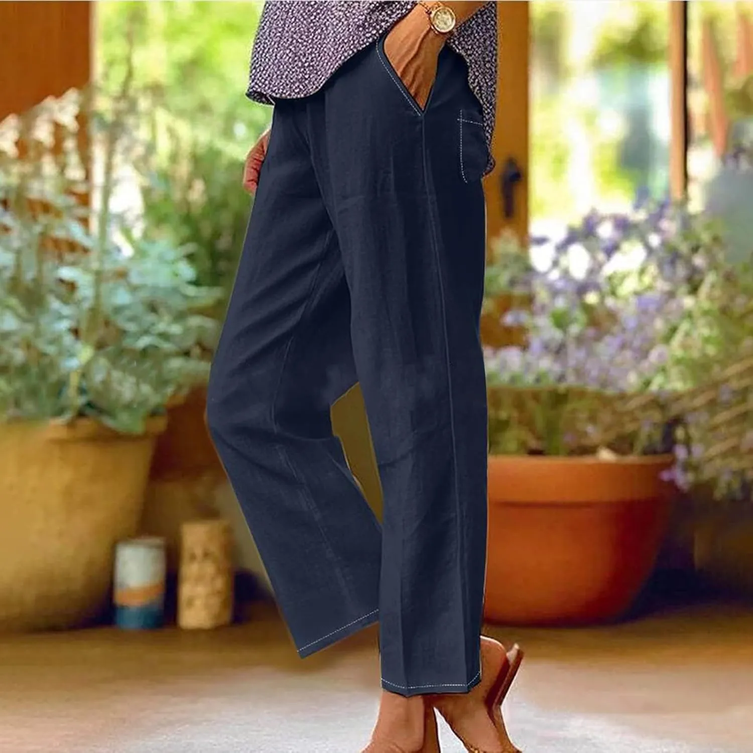 Workout Sets for Women Elastic Pants Long Drawstring Linen Women Waist Cotton Casual Slit Trouser Legs Pants Flowy Wide