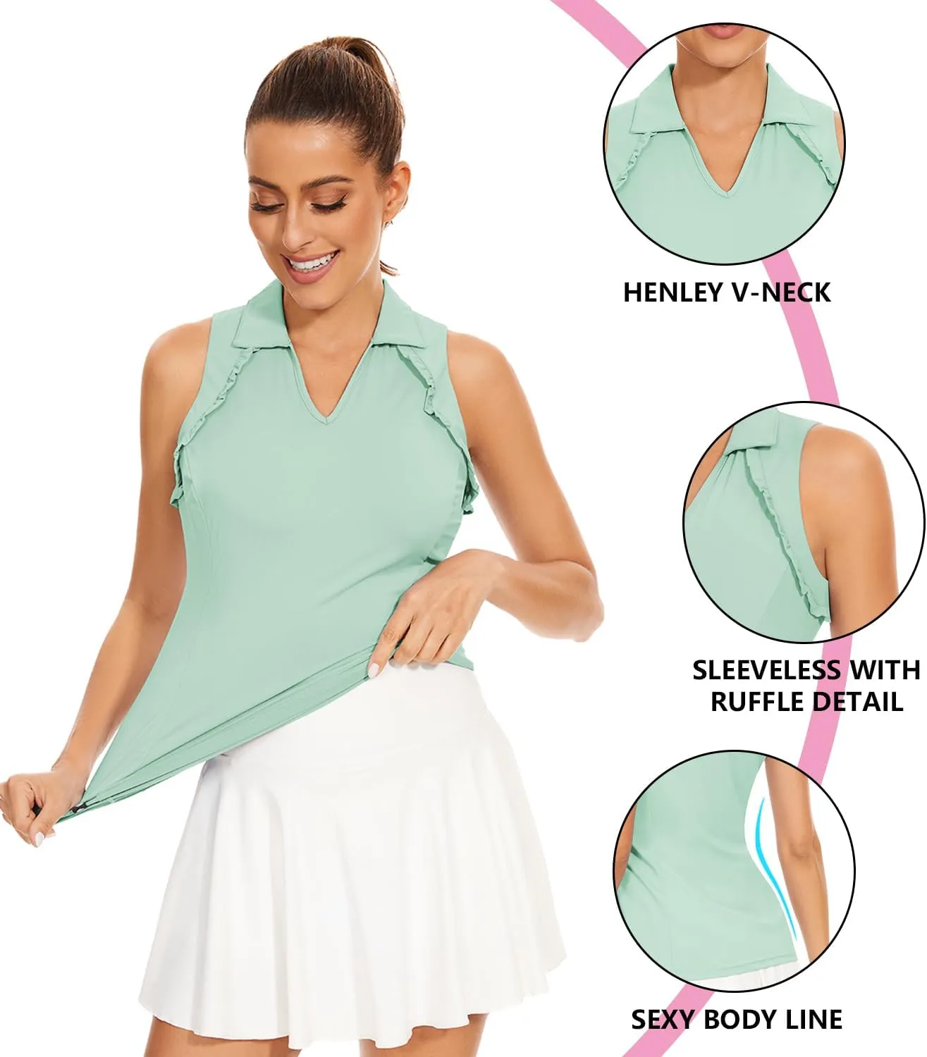 WOWENY Womens Sleeveless Golf Shirt Ruffle Polo Shirts Moisture Wicking Golf Apparel Slim Fitted Golf Tennis Tank Tops