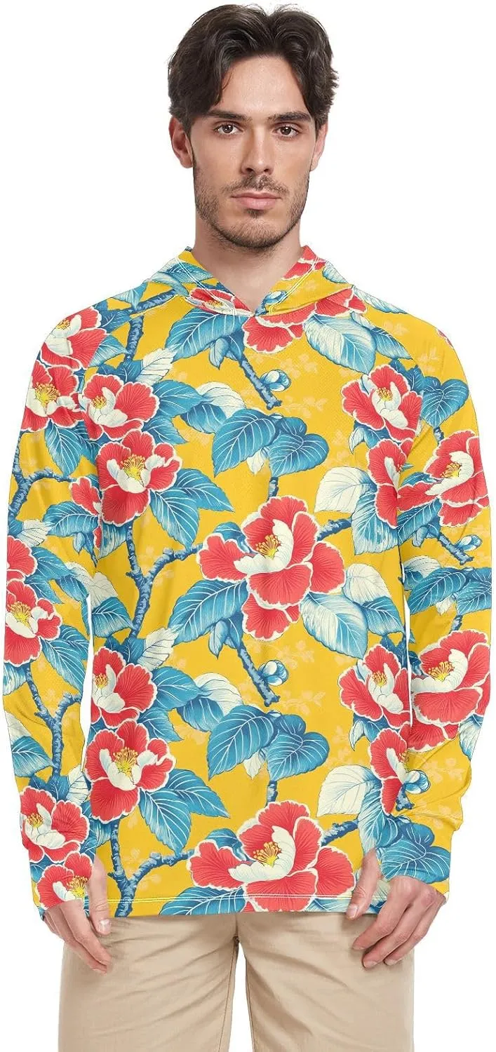 Yellow Red Flowers Big Mens Hoodie Sun Protection Long Sleeve UPF 50   Mens Sun Shirts Quick Dry Hooded Rash Guard Sun Proof Shirts Camisas para el sol