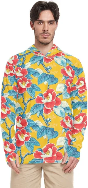 Yellow Red Flowers Big Mens Hoodie Sun Protection Long Sleeve UPF 50   Mens Sun Shirts Quick Dry Hooded Rash Guard Sun Proof Shirts Camisas para el sol