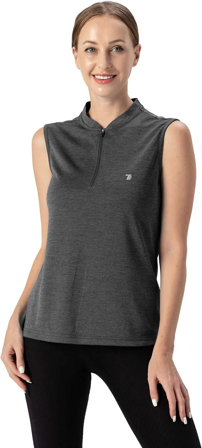 YSENTO Women's Golf Apparel Shirts Clothes Outfits Sleeveless 1/4 Zip Collarless Dry Fit UPF 50  Tennis Polo Tank Tops