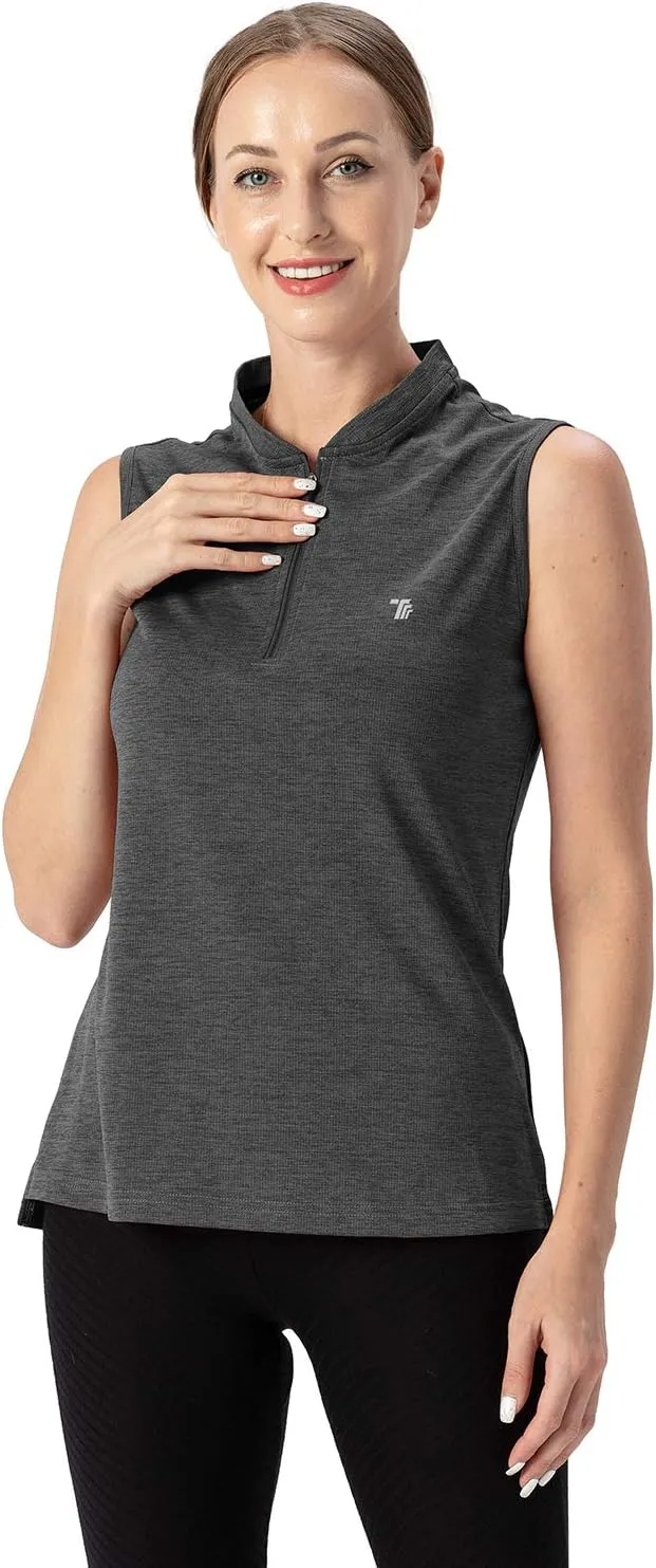 YSENTO Women's Golf Apparel Shirts Clothes Outfits Sleeveless 1/4 Zip Collarless Dry Fit UPF 50  Tennis Polo Tank Tops