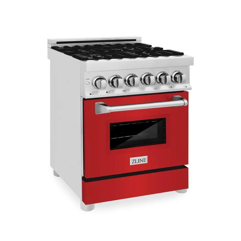 ZLINE 24 in. Professional Dual Fuel Range in DuraSnow® Stainless Steel with Red Gloss Door (RAS-RG-24)