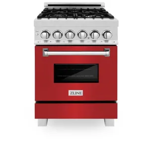 ZLINE 24 in. Professional Dual Fuel Range in DuraSnow® Stainless Steel with Red Gloss Door (RAS-RG-24)
